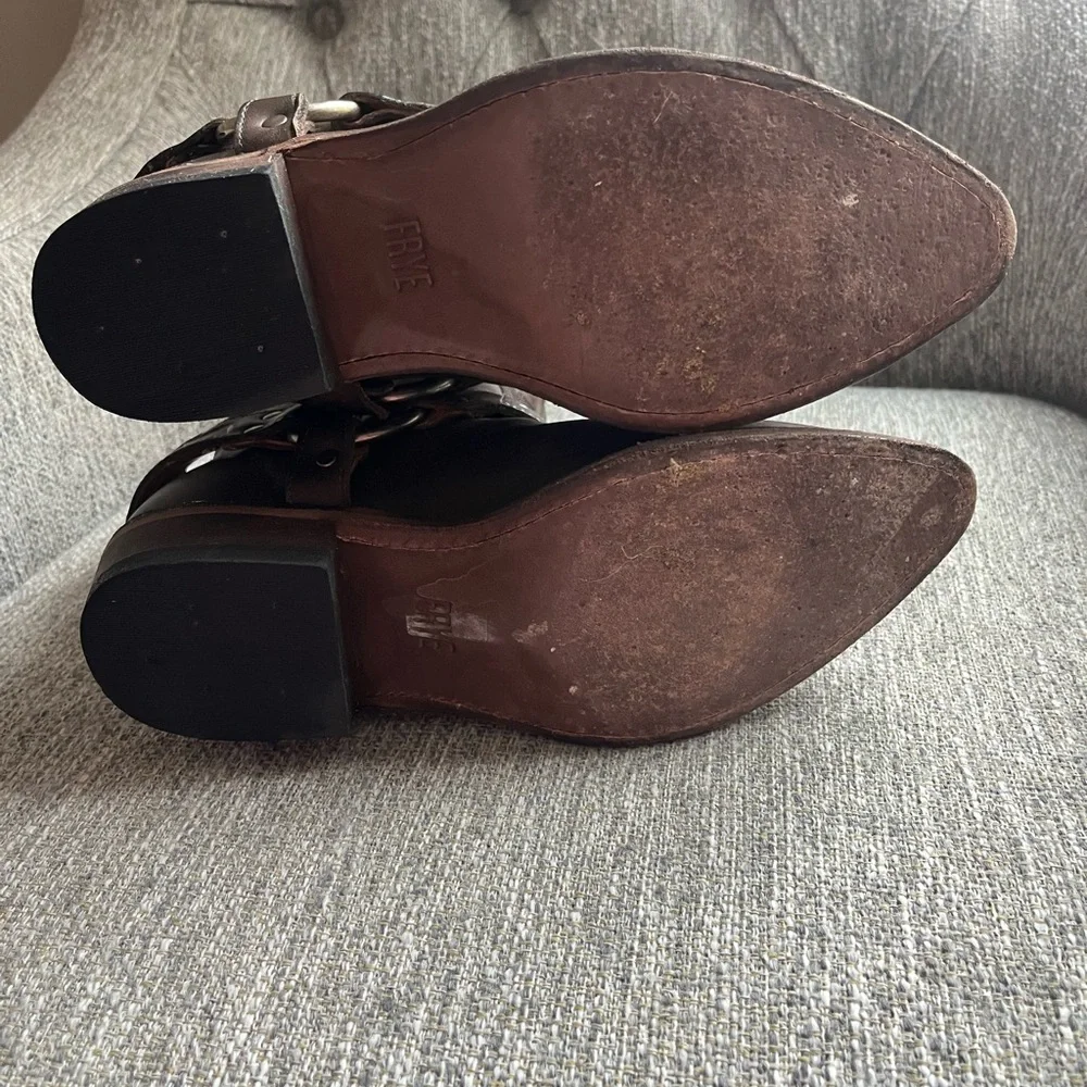 Frye Dark Brown Leather Ankle Boots with Strap Detail
